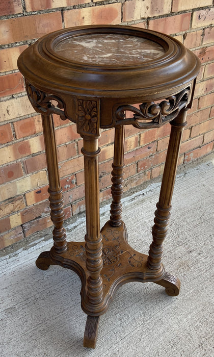 MARBLE TOP FLUTED PILLAR OAK PEDESTAL