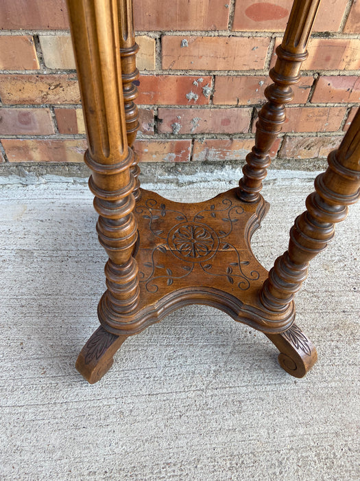 MARBLE TOP FLUTED PILLAR OAK PEDESTAL