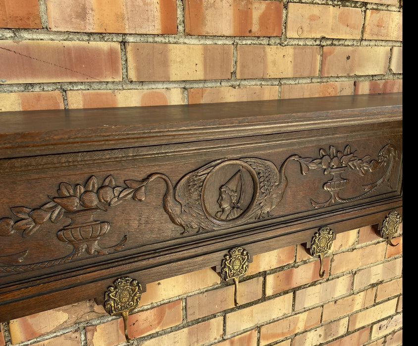 LADY AND SWAN CARVED OAK WALL RACK