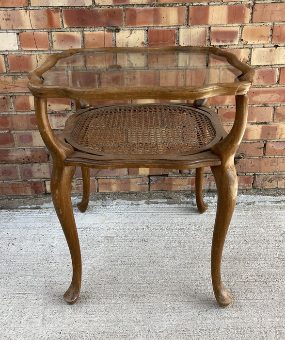 GLASS TOP BENTWOOD WALNUT SIDE TABLE WITH CANE SHELF