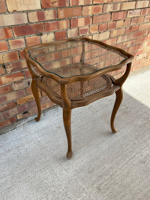 GLASS TOP BENTWOOD WALNUT SIDE TABLE WITH CANE SHELF