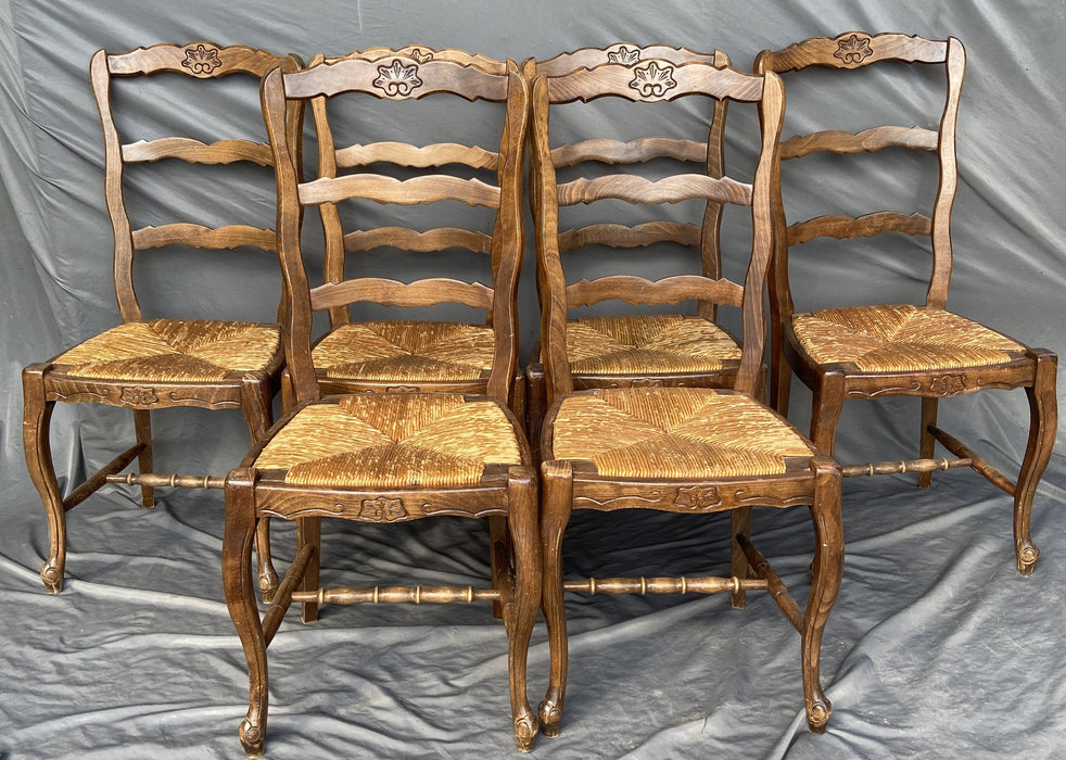 SET OF 6 LOUIS XV LADDER BACK OAK CHAIRS WITH RUSH SEATS