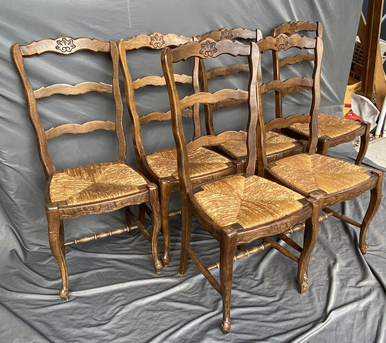 SET OF 6 LOUIS XV LADDER BACK OAK CHAIRS WITH RUSH SEATS