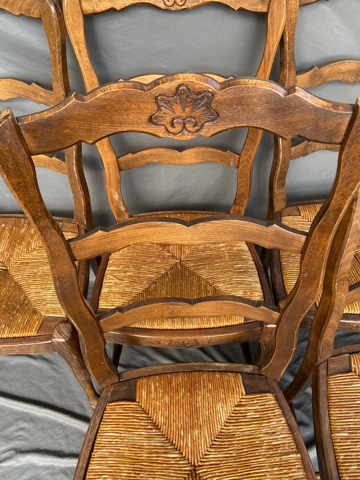 SET OF 6 LOUIS XV LADDER BACK OAK CHAIRS WITH RUSH SEATS