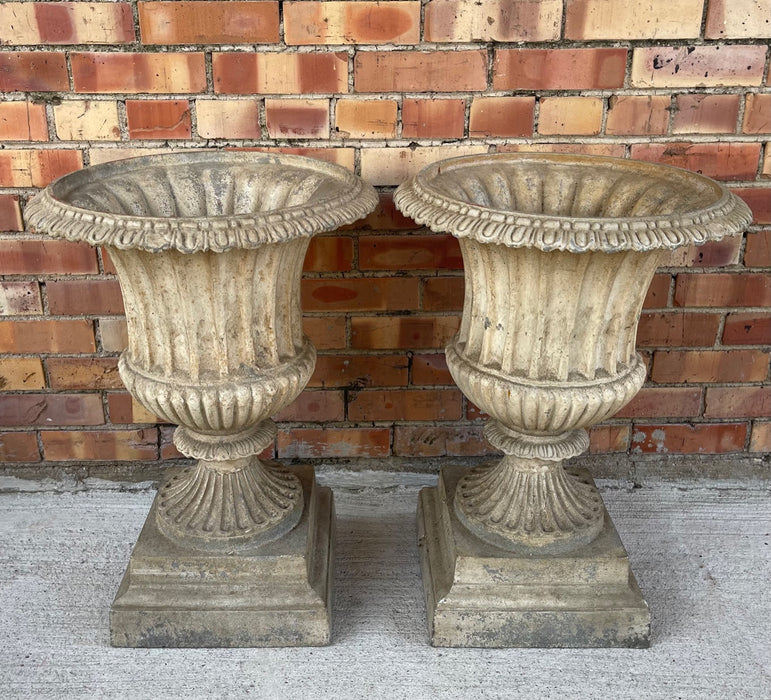 PAIR OF YELLOW CAST ALUMINUM GARDEN URNS