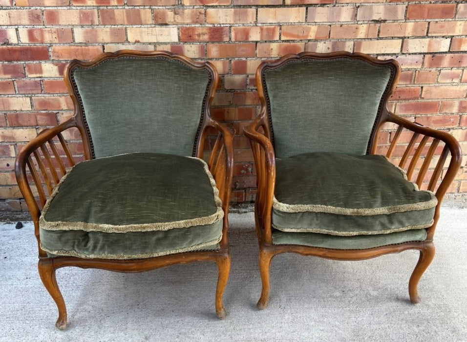 PAIR OF CONTINENTAL BENTWOOD WALNUT ARMCHAIRS WITH GREEN UPHOLSTERY