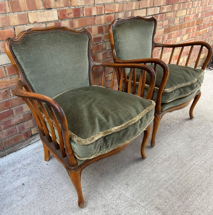 PAIR OF CONTINENTAL BENTWOOD WALNUT ARMCHAIRS WITH GREEN UPHOLSTERY