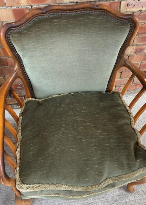 PAIR OF CONTINENTAL BENTWOOD WALNUT ARMCHAIRS WITH GREEN UPHOLSTERY