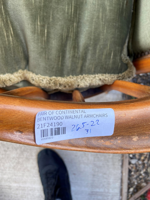 PAIR OF CONTINENTAL BENTWOOD WALNUT ARMCHAIRS WITH GREEN UPHOLSTERY