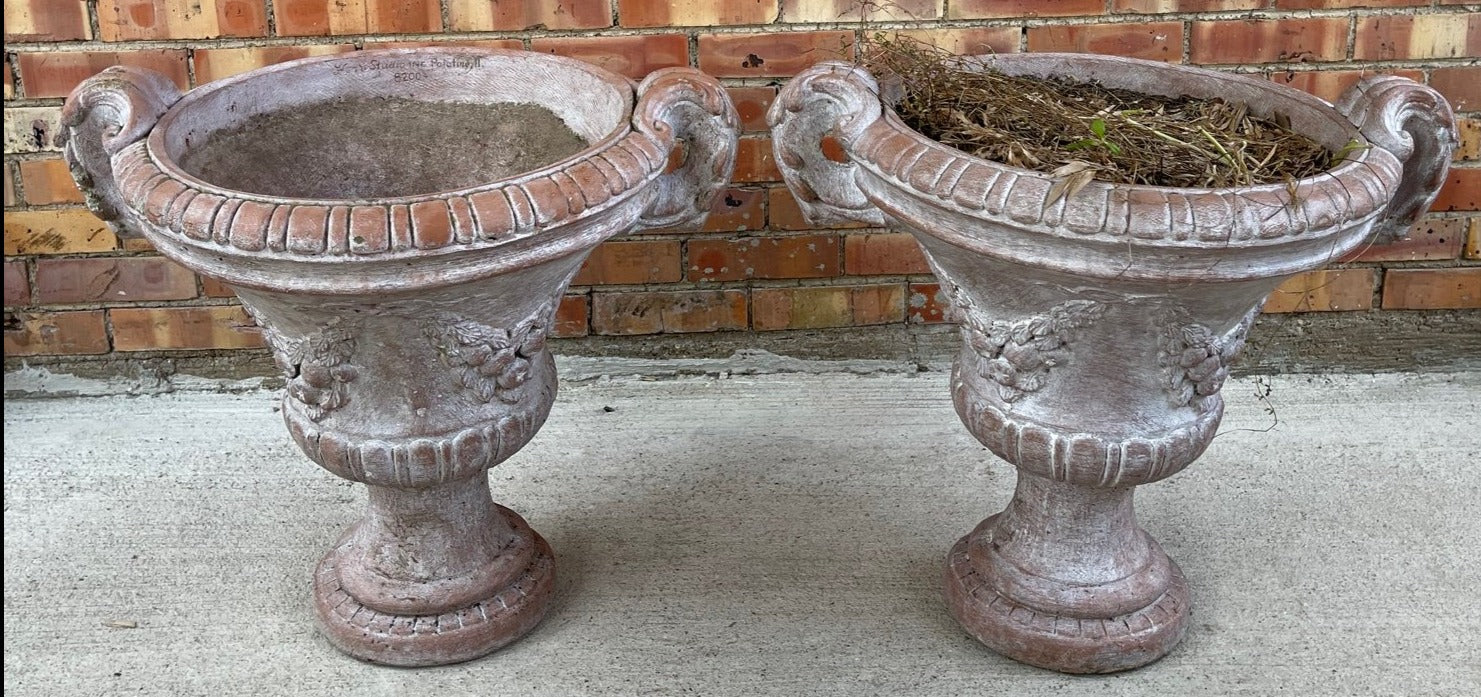 PAIR OF STONE GARDEN URNS -PINK PLANTERS