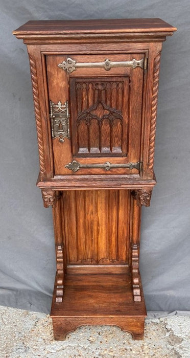 NARROW NEO GOTHIC TRACERY CARVED OAK CABINET