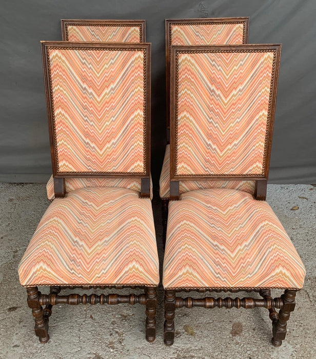 SET OF 4 BLOCK AND TURNED LEGGED HIGH BACK CHAIRS WITH FLAME-STICHED SEATS