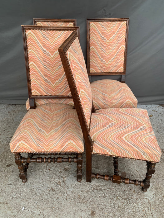 SET OF 4 BLOCK AND TURNED LEGGED HIGH BACK CHAIRS WITH FLAME-STICHED SEATS