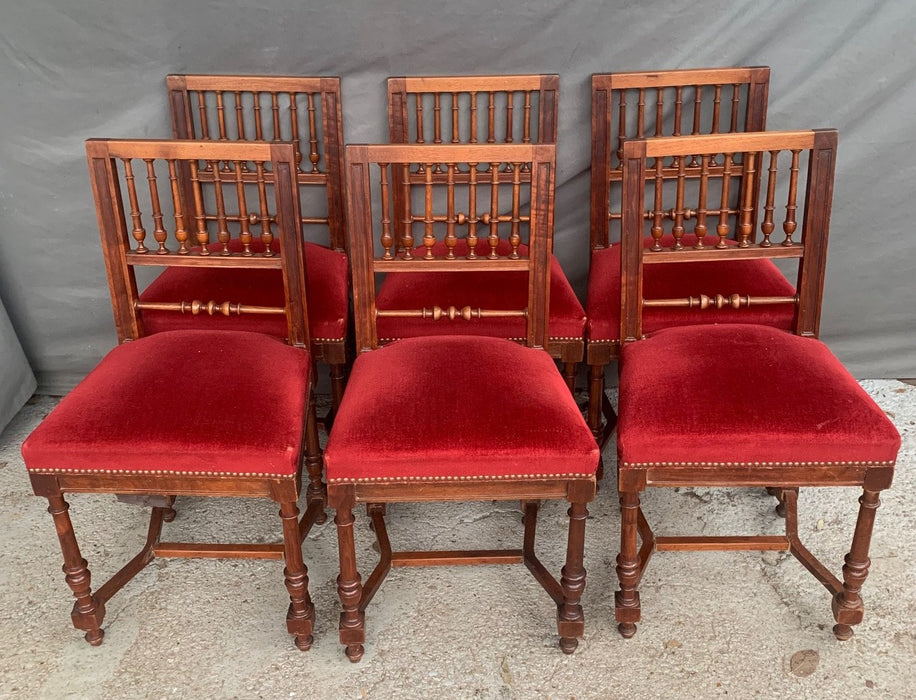 PAIR OF  SPINDLE BACK WALNUT HENRY II CHAIRS WITH RED SEATS