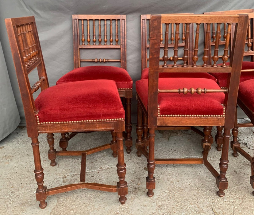 PAIR OF  SPINDLE BACK WALNUT HENRY II CHAIRS WITH RED SEATS
