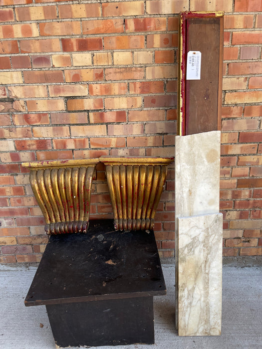 PAIR OF LARGE GOLD REEDED CORBELS WITH WOOD MARBLE SHELF AS FOUND