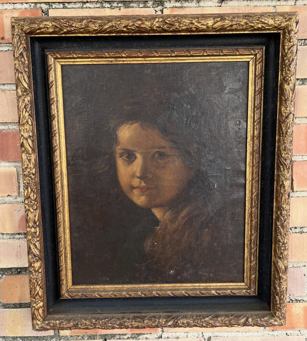 BLACK AND GOLD FRAMED OIL PAINTING PORTRAIT OF A YOUNG GIRL