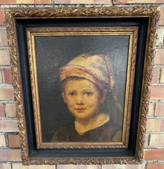 BLACK AND GOLD FRAMED OIL PAINTING PORTRAIT OF A YOUNG GIRL WITH CLOTH HEADWARE