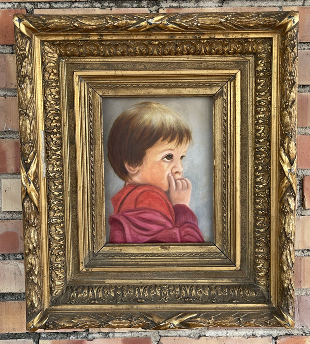 OIL PAINTNG OF A BOY IN AN ORNATE GOLD 19TH CENTURY FRAME