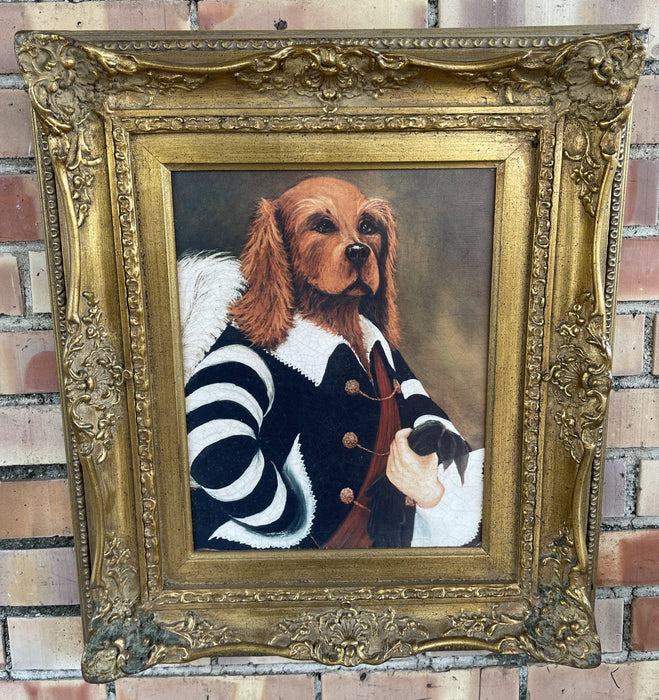 GOLD FRAMED OIL PAINTING OF AN IRISH SETTER IN A JACKET