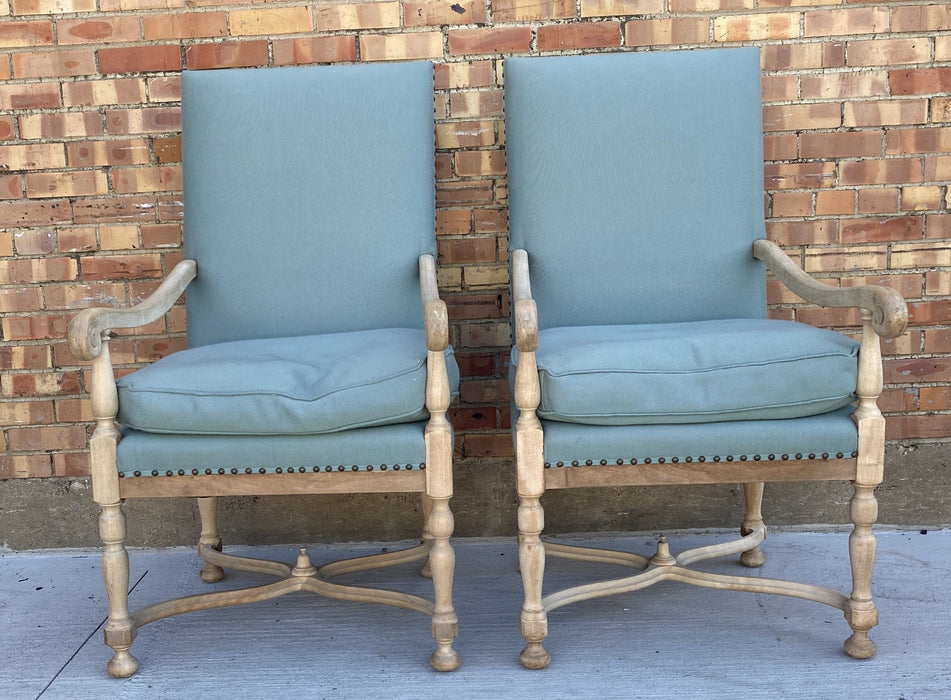 PAIR OF RAW MAHOGANY LOUIS XIII STYLE ARMCHAIRS WITH GREEN UPHOLSTERY