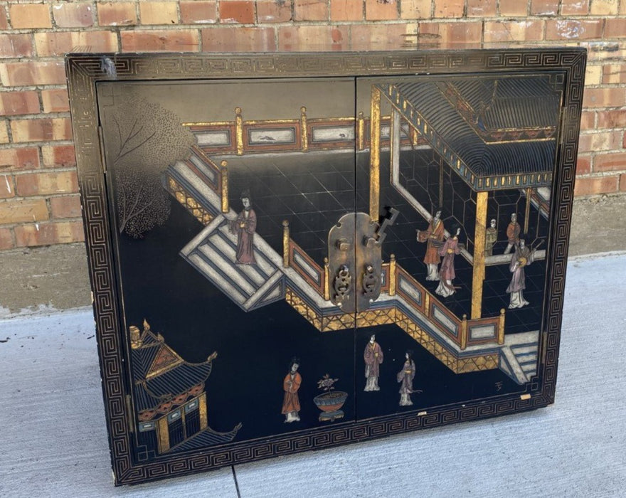 PAIR OF ASIAN BLACK LACQUER STANDS WITH SCENES