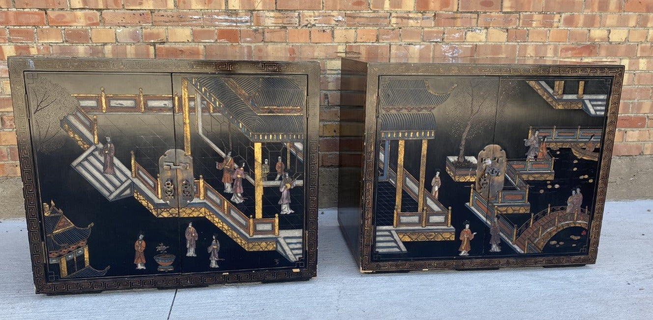 PAIR OF ASIAN BLACK LACQUER STANDS WITH SCENES