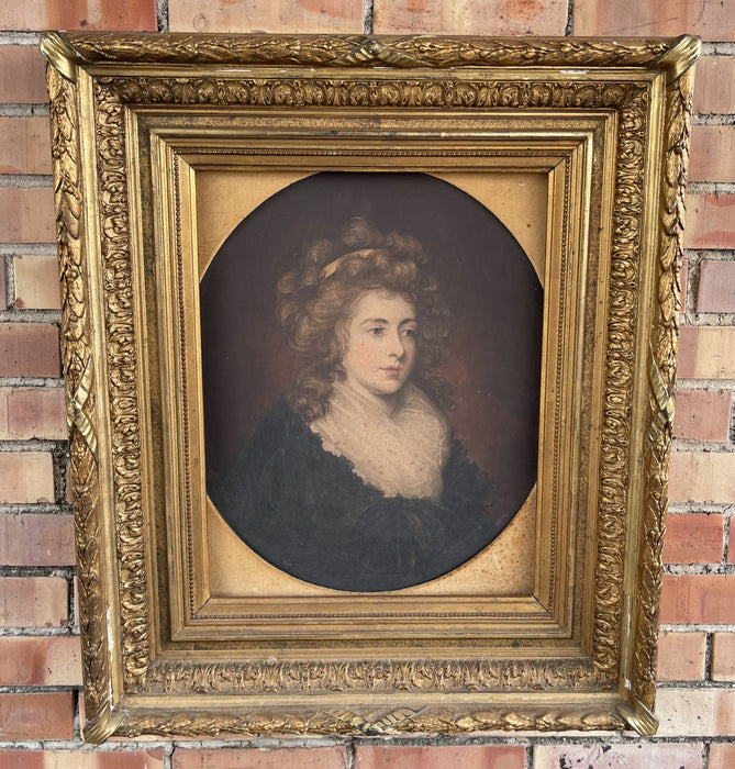 HEAVY 19TH CENTURY GILTWOOD FRAME WITH OVAL PRINT OF A WOMAN OF