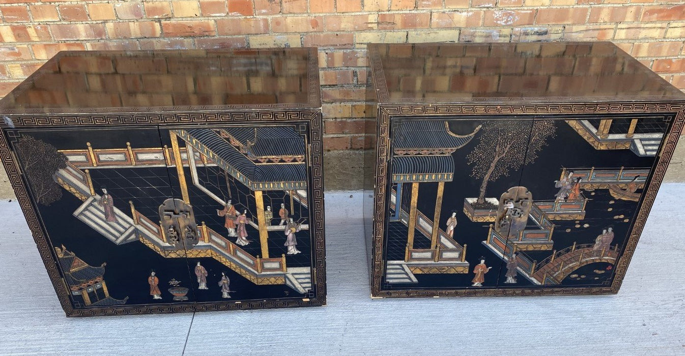 PAIR OF ASIAN BLACK LACQUER STANDS WITH SCENES