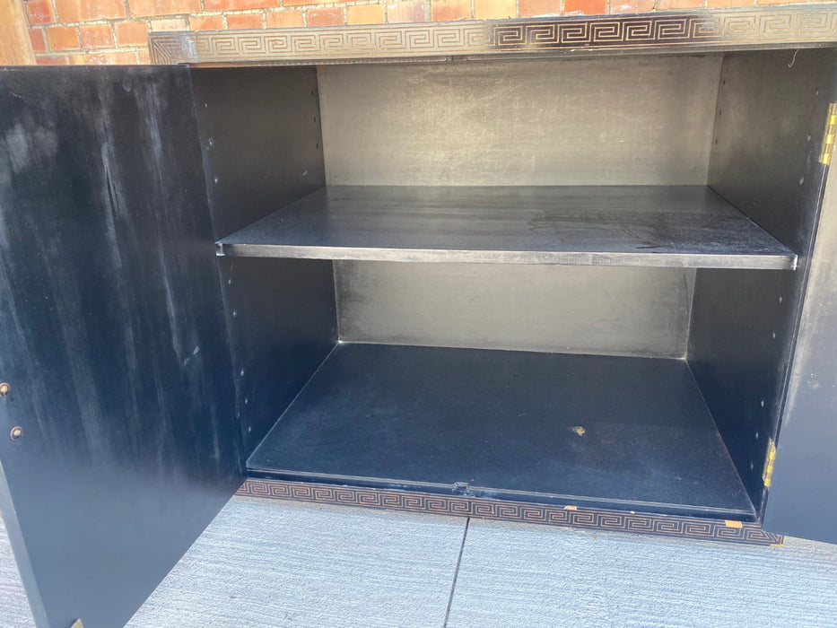 PAIR OF ASIAN BLACK LACQUER STANDS WITH SCENES