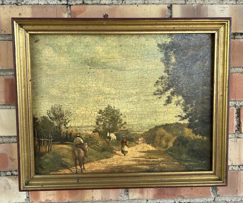 SMALL GILT FRAMED PAINTING OF PEASANTS AND A DONKEY ON THE ROAD