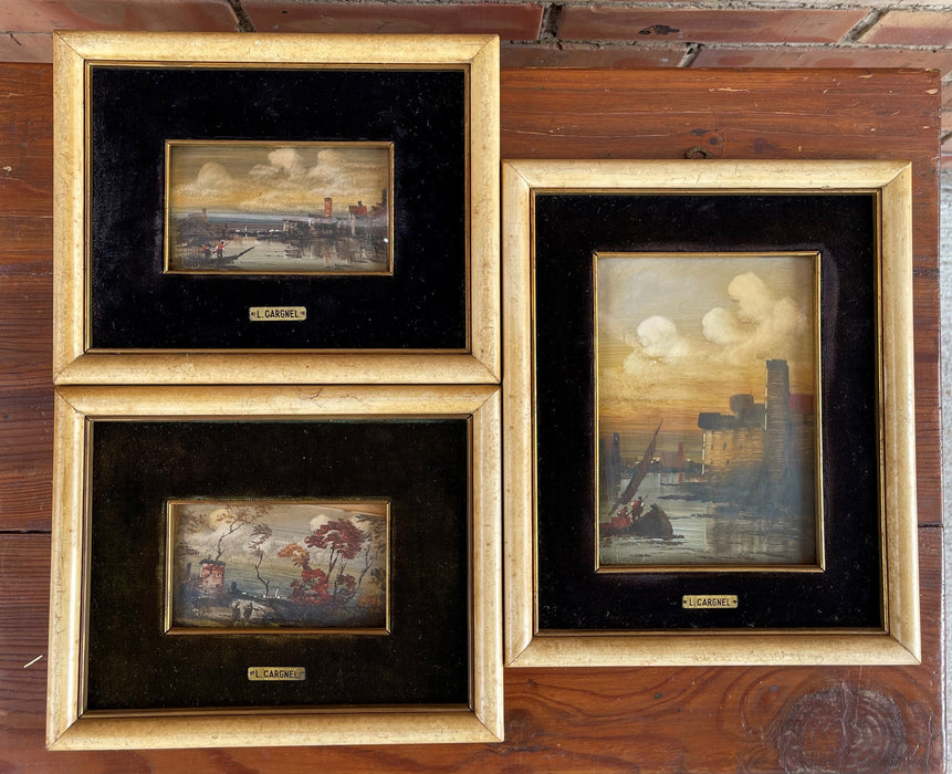 SET OF 3 SMALL SEACAPE BOAT PAINTINGS BY L. CARGNEL