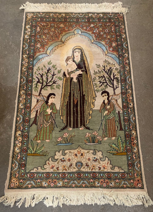 PERSIAN HAND TIED RUG WITH MADONNA AND CHILD
