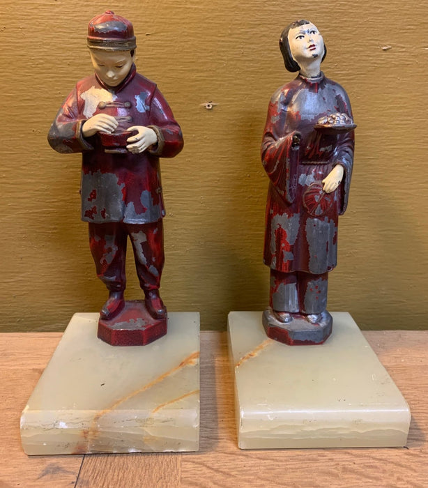 PAIR SMALL ASIAN COUPLE SCULPTURES WITH ONYX BASES - AS FOUND