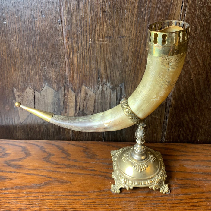 DRINKING HORN ON BRASS STAND