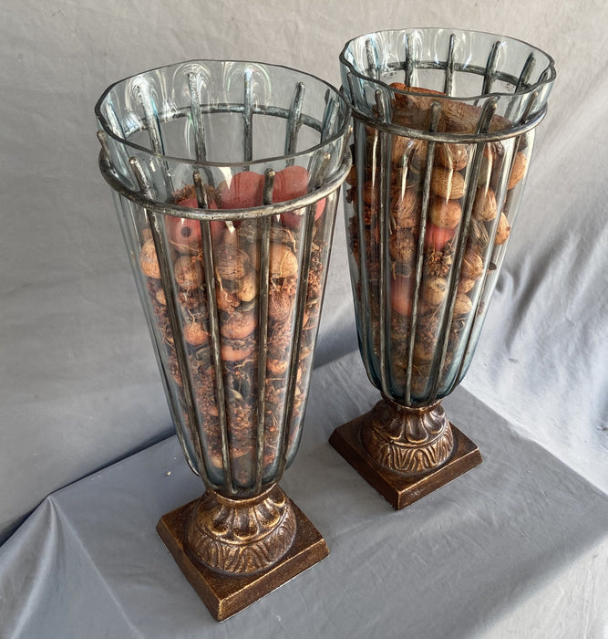 PAIR OF DECORATIVE RESIN AND IRON VASES - NOT OLD