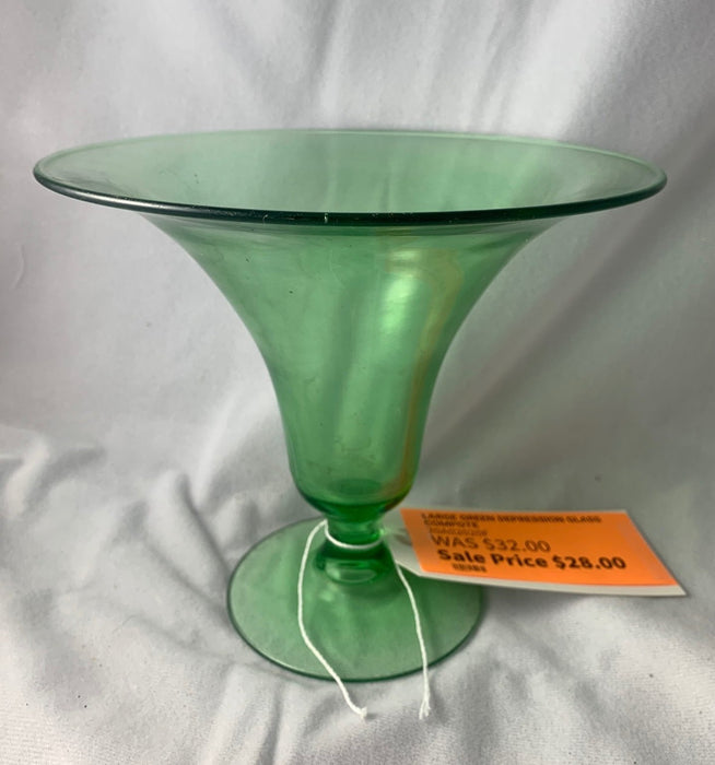 LARGE GREEN DEPRESSION GLASS COMPOTE