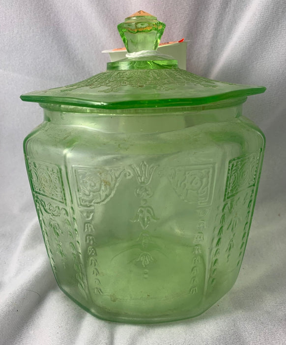 GREEN DEPRESSION GLASS COOKIE JAR - AS IS