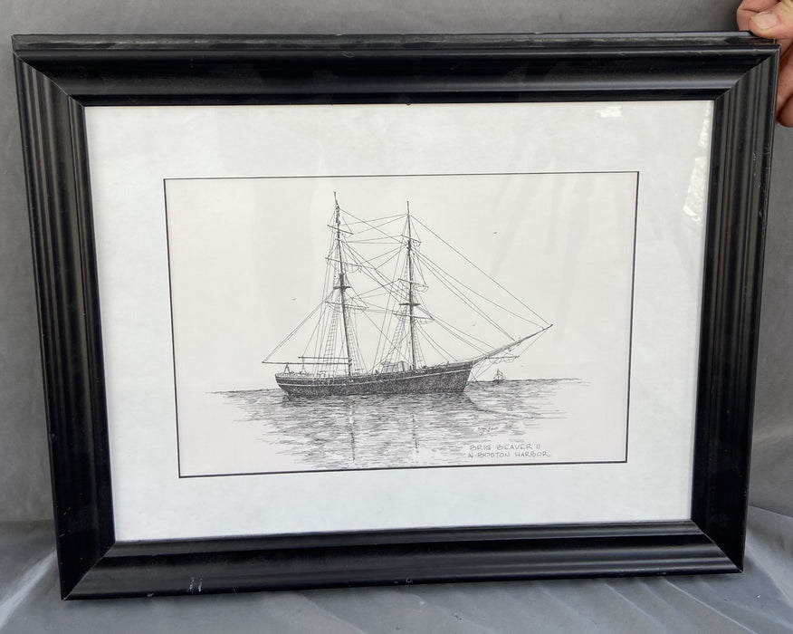 FRAMED DRAWING OF BRIG BEAVER II IN BOSTON HARBOR