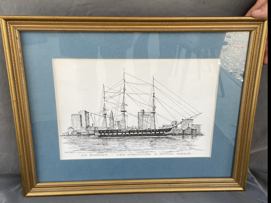 FRAMED DRAWING OF USS CONSTITUTION IN BOSTON HARBOR