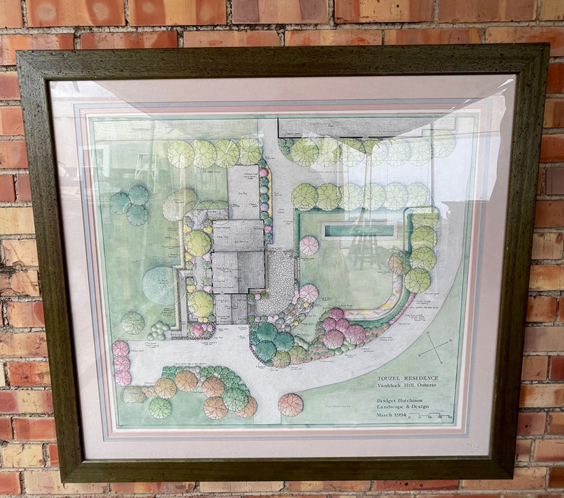 LARGE FRAMED COLORED LANDSCAPE DRAWING UNDER GLASS