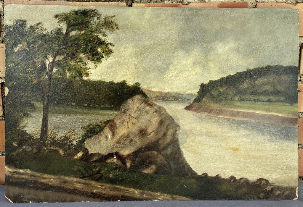 UNFRAMED OIL PAINTING OF BOULDER BY A LAKE