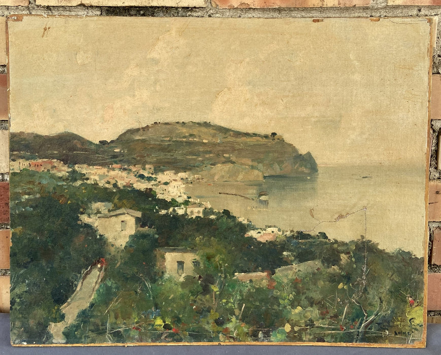 UNFRAMED OIL PAINTING OF VILLAGE BY THE SEA