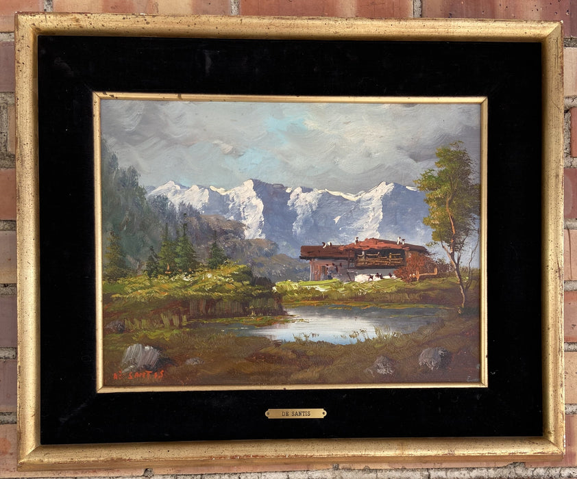 IMPRESSIONIST ALPINE OIL PAINTING WITH RED ROOF HOUSE