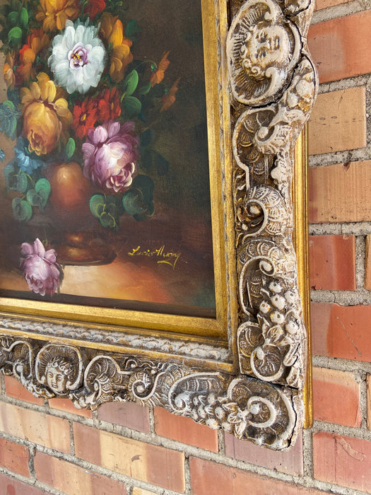 COLORFUL FRAMED FLORAL OIL PAINTING BY LUCIO HUEY