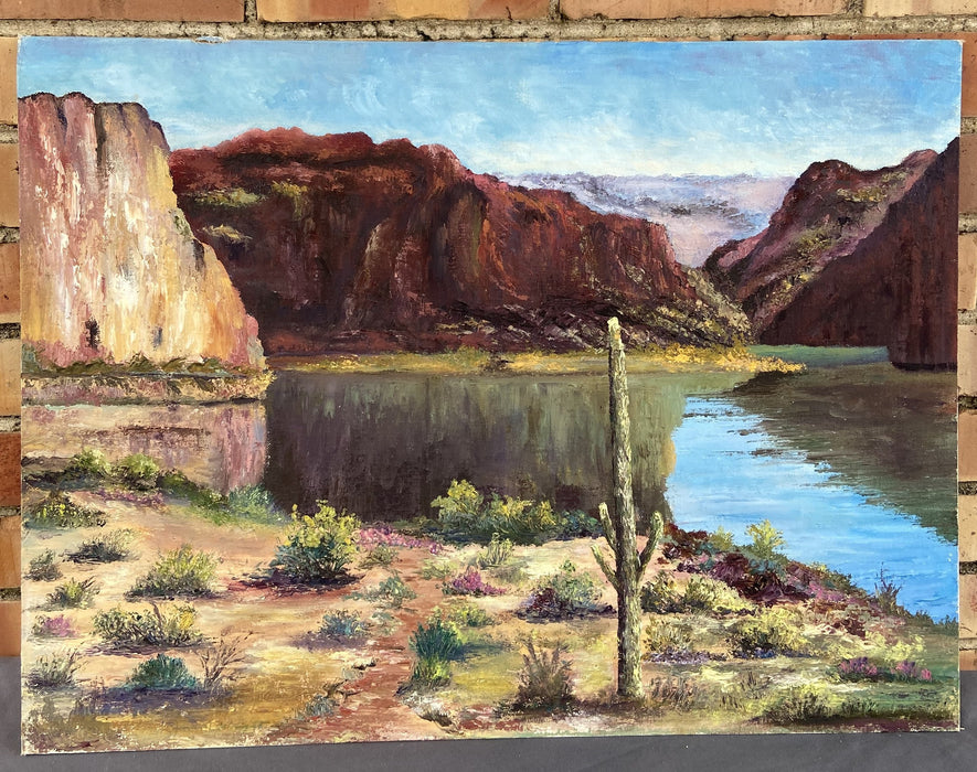 OIL PAINTING OF BUTTES BY A LAKE BY JAMES C WRIGHT 1966