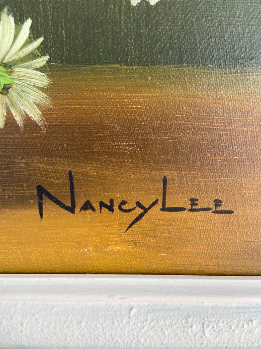 FRAMED WHITE FLOWERS OIL PAINTING BY NANCY LEE