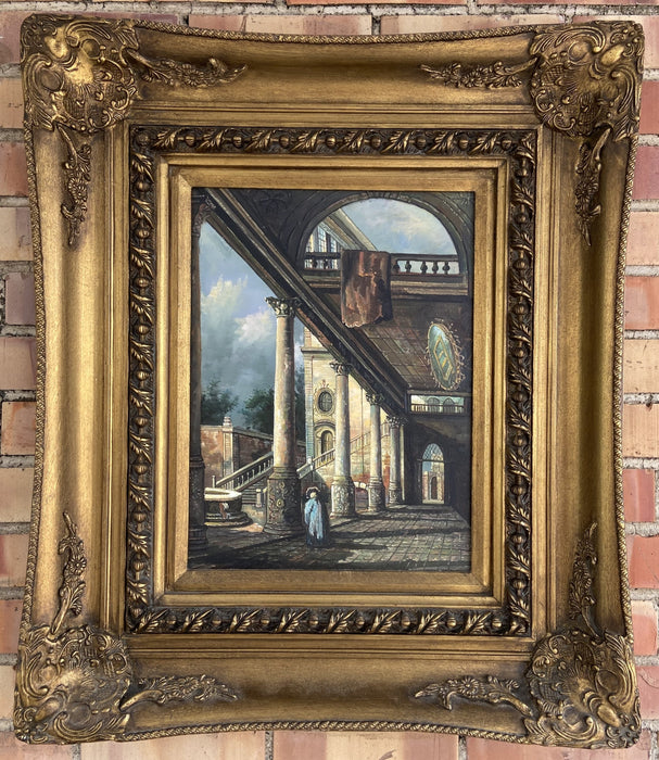 NICELY FRAMED OIL PAINTING OF INTERIORS AND EXTERIORS OF BUILDING