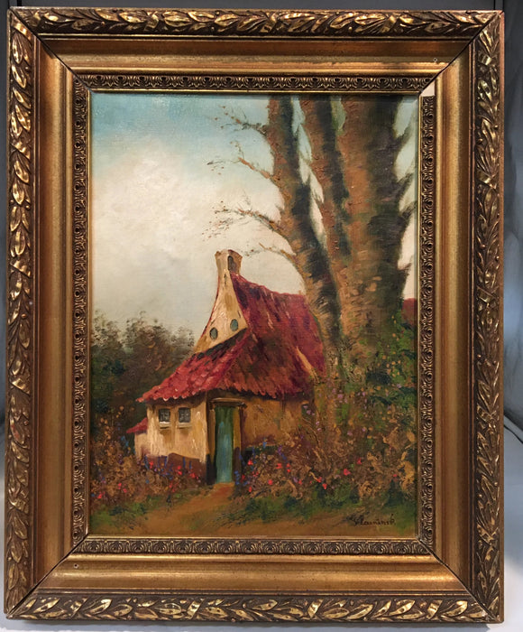 FRAMED OIL PAINTING OF HOUSE WITH RED ROOF