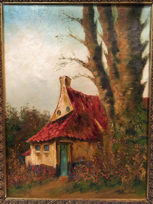 FRAMED OIL PAINTING OF HOUSE WITH RED ROOF
